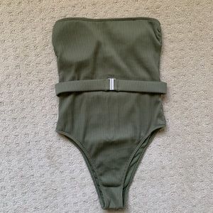 olive green abercrombie one piece strapless high leg swim suit